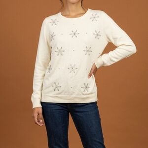 Talbots Petite Large Cream Snowflake Crewneck Pullover